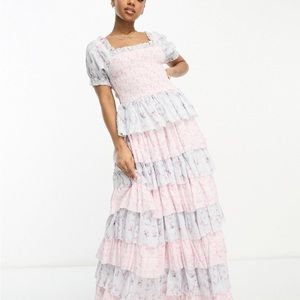 Amy Jane London Luna tiered maxi dress in pink and blue ditsy floral